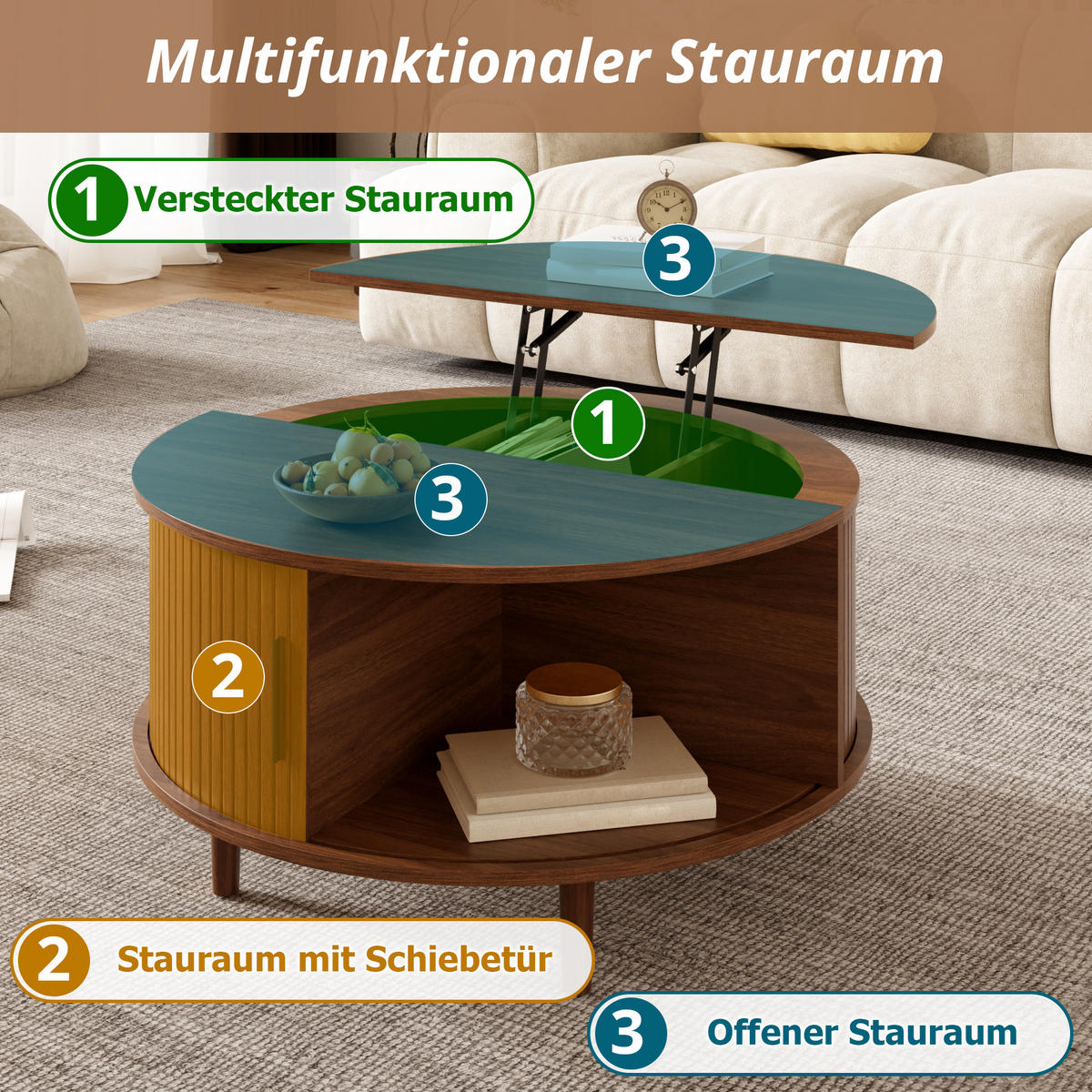 COUCHTISCH in Holzoptik Runder Wohnzimmertisch mit höhenverstellbar Stauraum und Schiebetür, 80 B / 80 T / 59 H(cm) - Dunkelbraun, Holzwerkstoff (80/80/59cm) - STILVORA