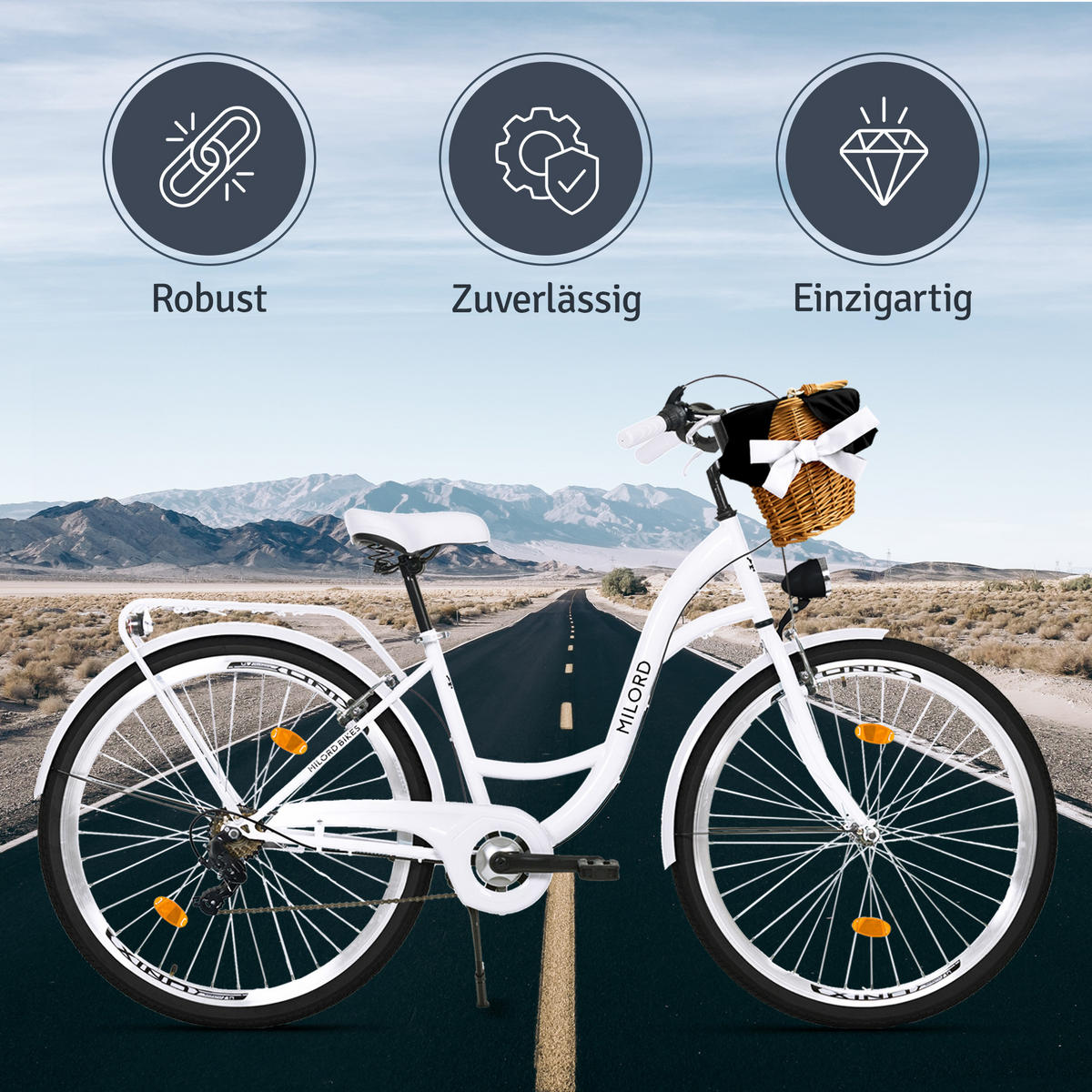 CITY-FAHRRAD Milord mit Weidenkorb, 28 Zoll, Weiß, 7-Gang - Weiß, Metall (46cm) - Milordbikes