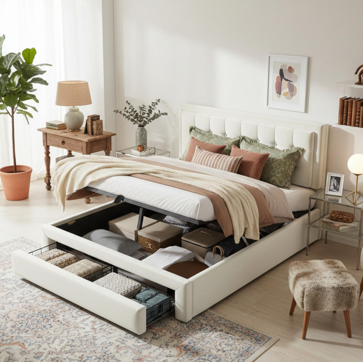 POLSTERBETT 140/190 cm aus Samt in Beige mit Stauraum und 2 Schubladen - Beige, Textil (140/190cm) - Flora Grace