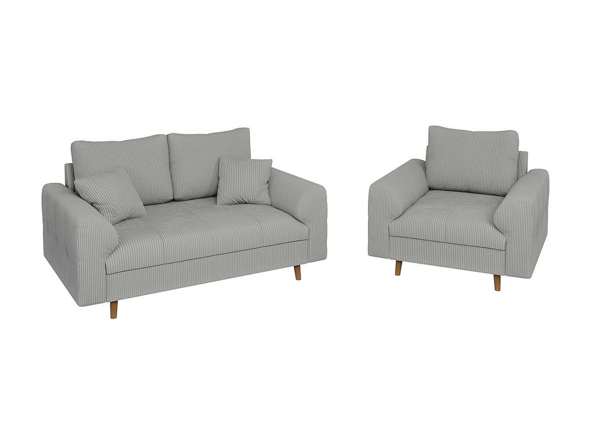 SITZGARNITUR 2+1 Alma Hellgrau Cord - Hellgrau/Braun, Holz/Textil (150/81/93cm) - S-Style Möbel