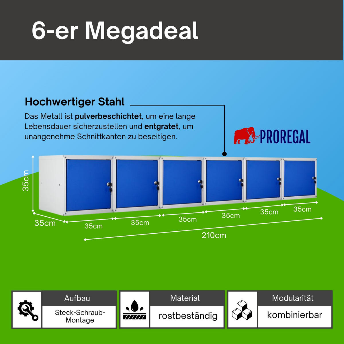 SCHLIESSFACHWÜRFEL Cubic 6er-Set 35x35x35 cm Grau-Blau - Blaugrau, Metall (70/105/35cm) - PROREGAL