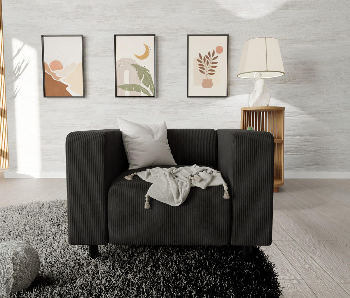 SITZGARNITUR 3+1 Tove Schwarz Cord - Schwarz, Holz/Kunststoff (175/65/80cm) - S-Style Möbel