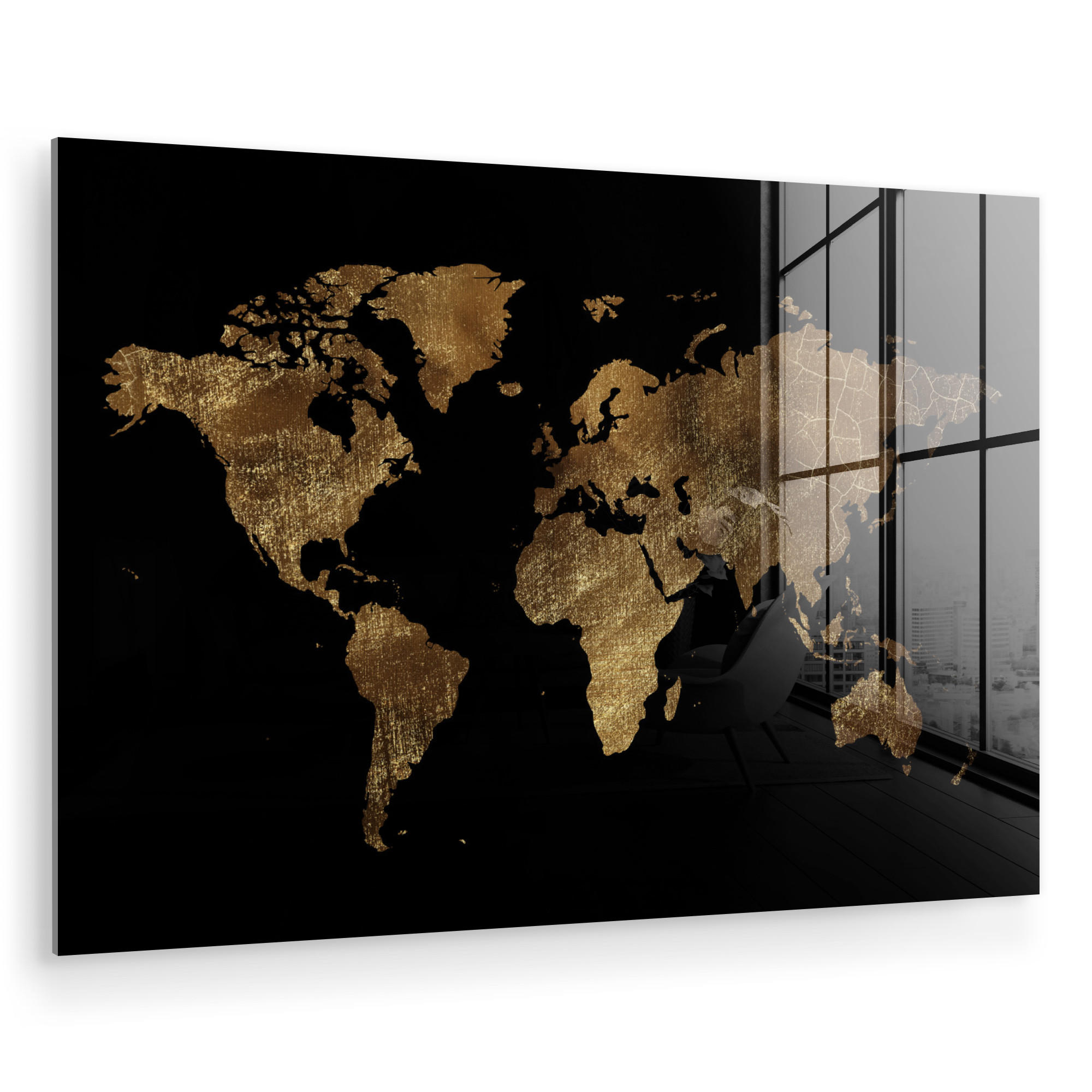 MuchoWow OBRAZ NA AKRYLOVÉM SKLE Mapa světa - Zlatá - Luxusní - Země - Černá 60x40 cm