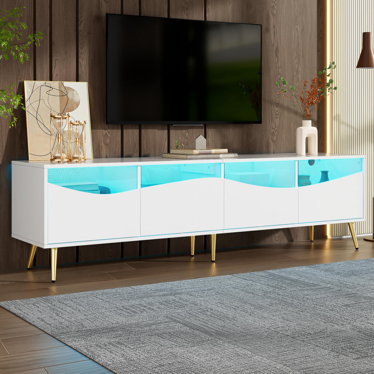 LOWBOARD 180/40/50 cm Weiß aus MDF mit LED-Beleuchtung und Glasfront - Weiß, Holzwerkstoff (40/50/180cm) - OKMYHOME