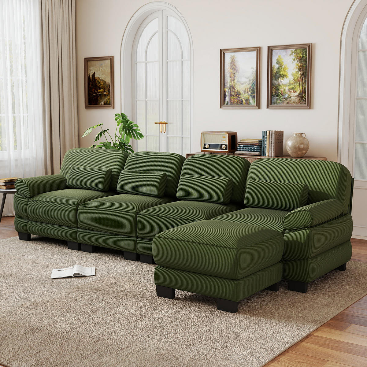 ECKSOFA 4-Sitzer L-Form mit Hocker, DE-42659, Grün - Grün, Holz (336/161cm) - ComfortXL