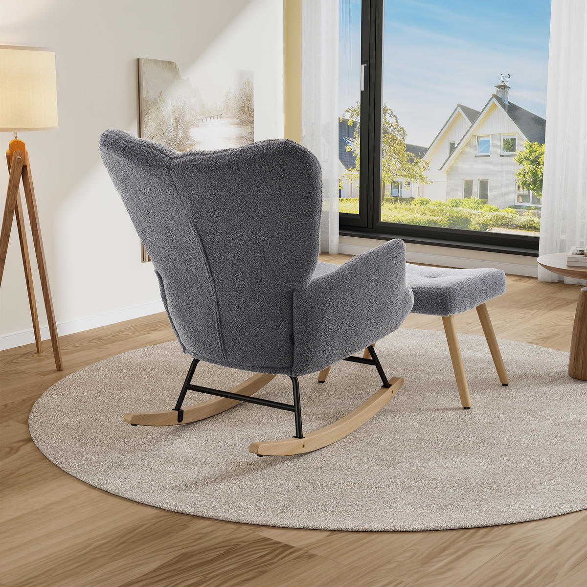 SCHAUKELSTUHL in Grau mit weichem Sherpa-Bezug und Fußhocker - Naturfarben/Grau, Holz/Textil (68/91/88cm) - CHICFURN