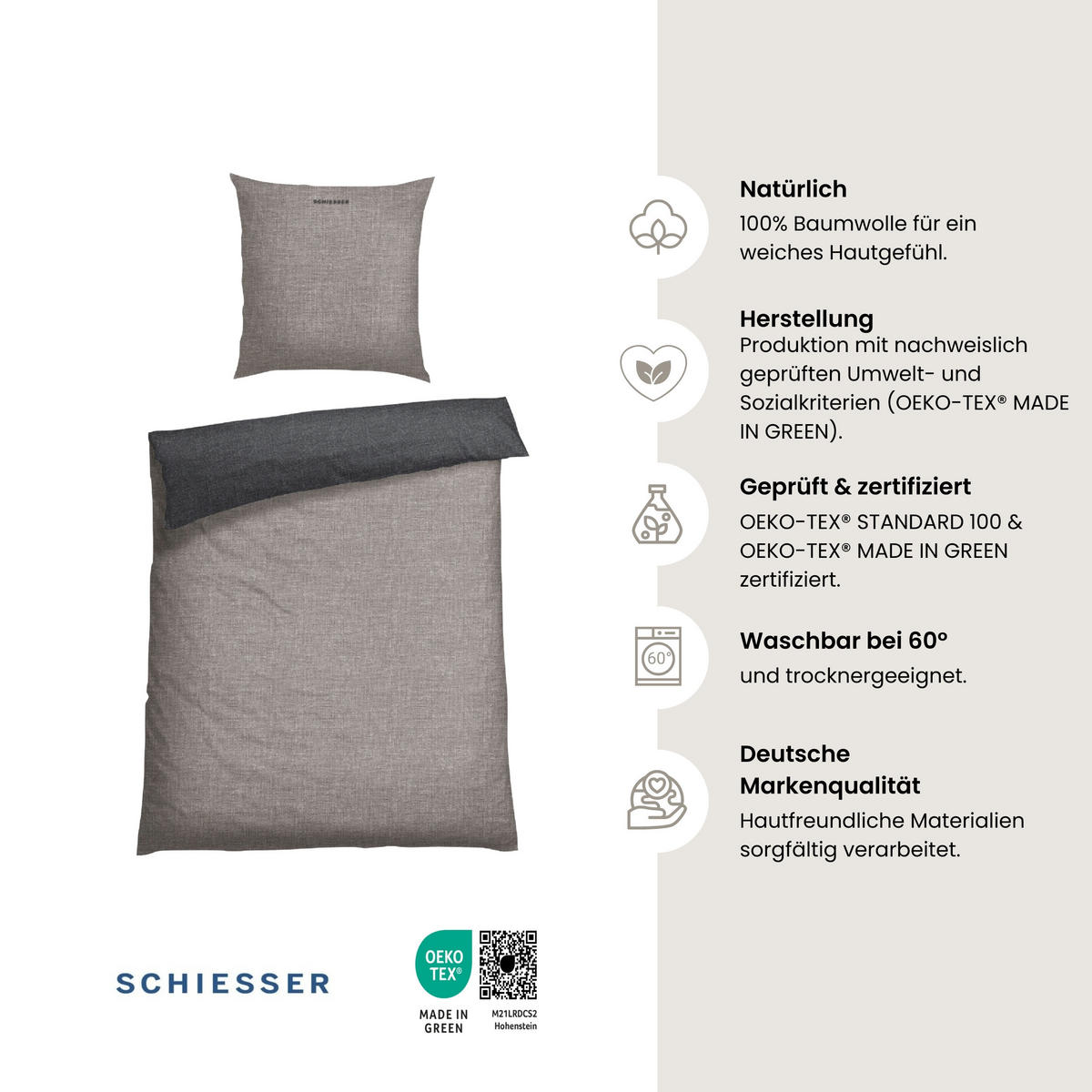 BETTWÄSCHESET Doubleface - Renforcé - 2-teilig - 155 x 220 cm - Grau-Schwarz - Schwarz, Textil (155/220cm) - SCHIESSER