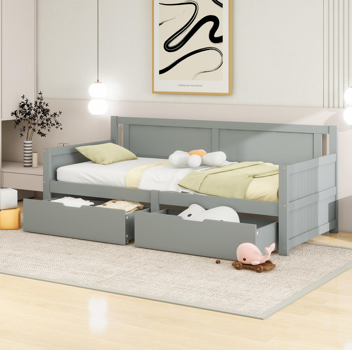POLSTERBETT aus Massivholz 90x200 cm in Grau mit 2 Schubladen - Grau, Holz (90/200cm) - Modfu