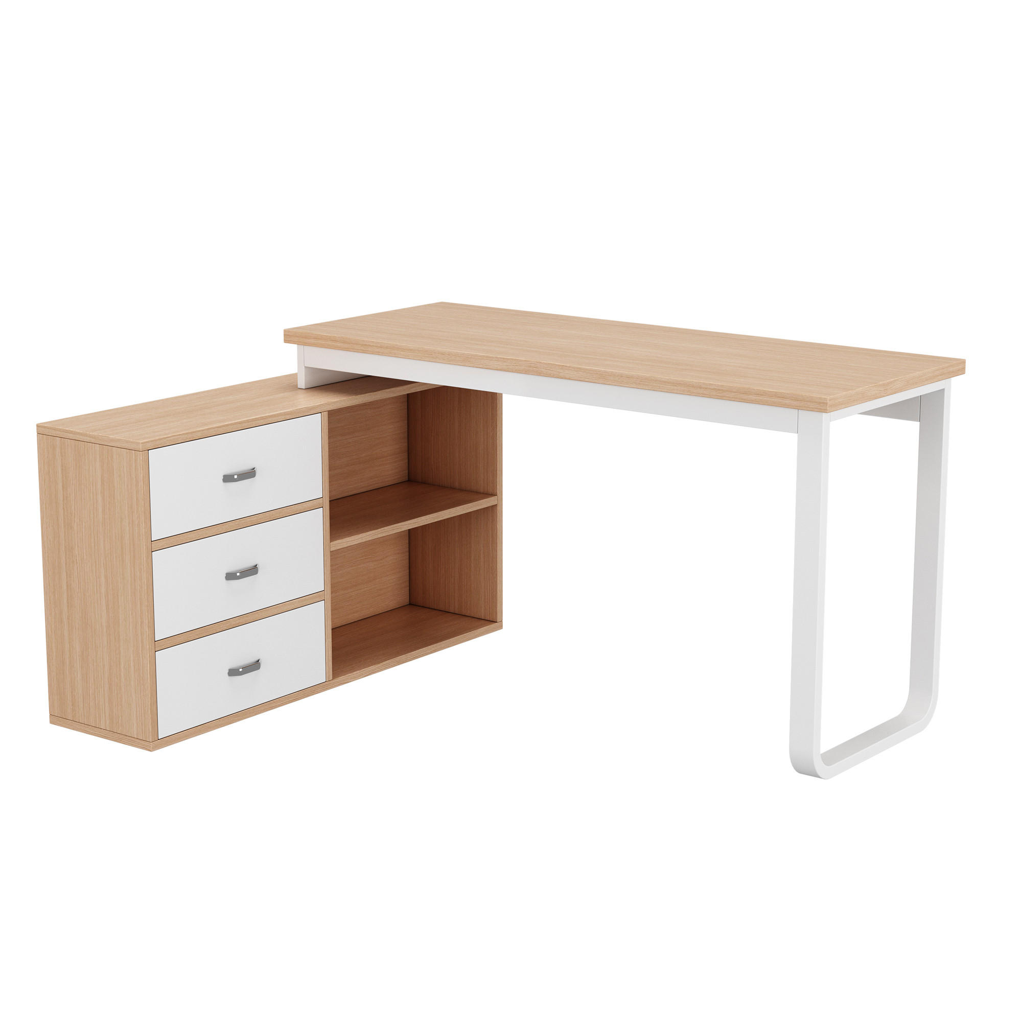 BÜROSCHREIBTISCH in natur & weiß mit stahlgestell, 3 schubladen & 2 offenen fächern - Naturfarben, Holzwerkstoff (100/147/75.3cm) - Urban Meuble