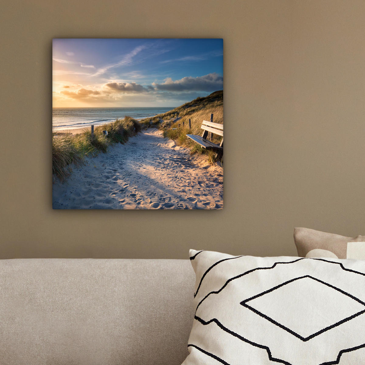 LEINWANDBILD - Sonnenuntergang - Strand - Düne - Gras - Ufer - 20x20 - Wandbilder - Sandfarben, Textil (20/20cm) - MuchoWow