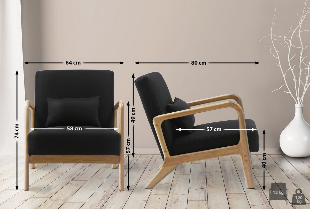 SESSEL Holz schwarz - Eukalyptusholzfarben/Schwarz, Holz/Textil (64/74/80cm) - CLP