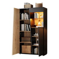 VITRINENSCHRANK 80/35/139,5 cm mit LED, Glastüren und verstellbaren Glasböden in Schwarz-Naturholzoptik - Schwarz/Naturfarben, Glas/Holzwerkstoff (80/139.5/35cm) - CHICFURN