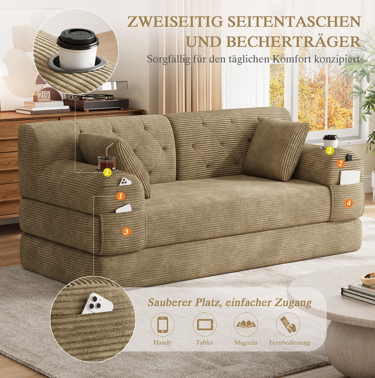 SCHLAFSOFA mit hoher Rückenlehne 168 x 80 x 81 cm Cord Khaki - Braun, Kunststoff (80/81/168cm) - Meubliv