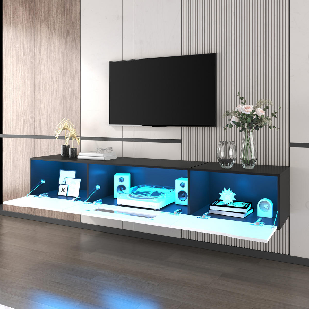 TV LOWBOARD 180cm Hochglanz Schwarz Weiß LED USB Farbwechsel modern - Schwarz, Holzwerkstoff (35/30/180cm) - FLIEKS
