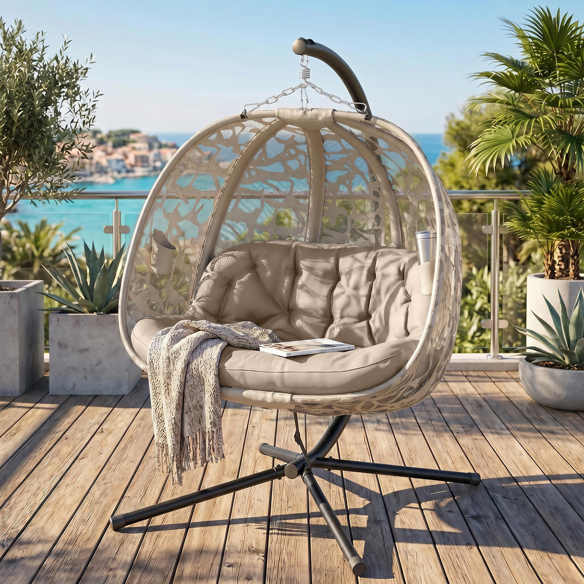 HÄNGESESSEL, Stahl, Polyester, Sand - Sandfarben, Kunststoff/Metall (103/172/130cm) - Outsunny