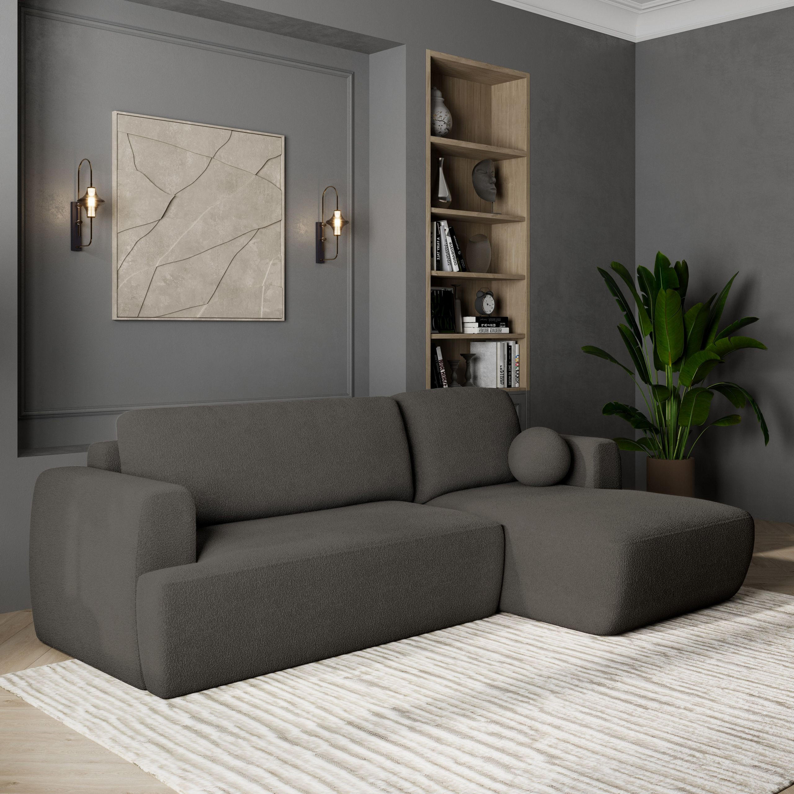 ECKSOFA SENTI N R-S Grau Boucle-Stoff mit Schlaffunktion - Grau, Holz (246/148cm) - MASSENO