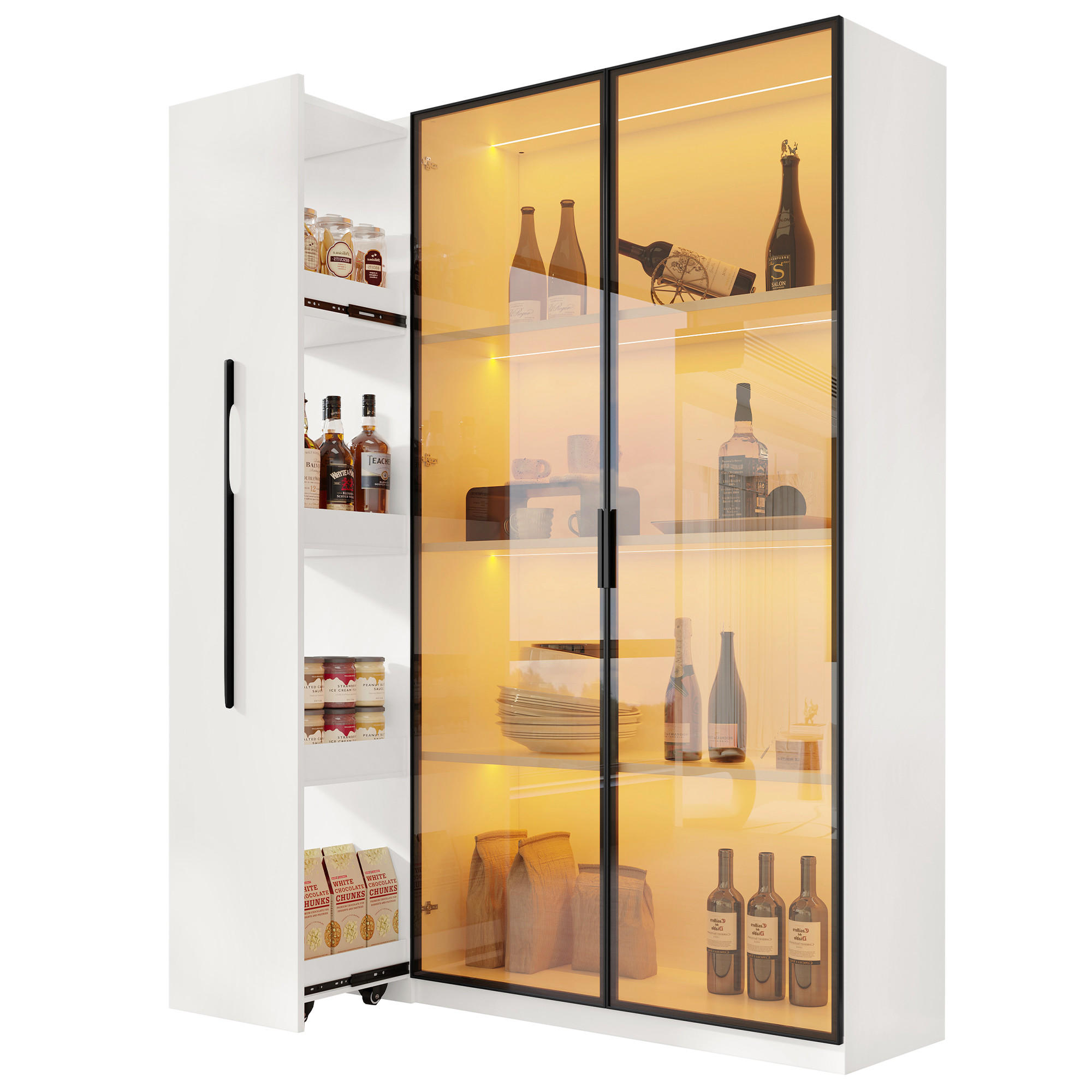 VITRINE 110,5×35×160 cm aus MDF mit LED Vitrine und ausziehbarem Seitenregal - Weiß, Holzwerkstoff (110.5/160/35cm) - Luhomfu