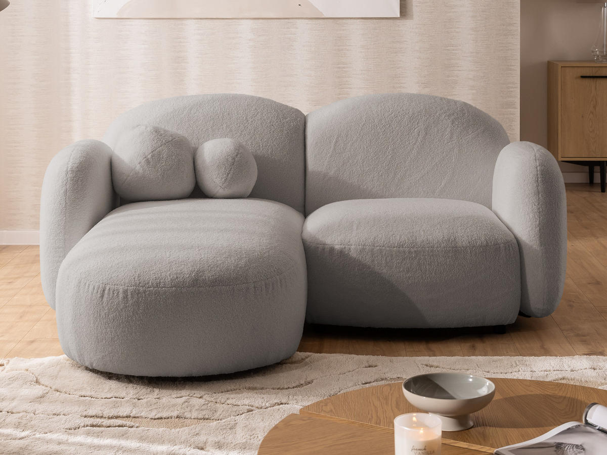 ECKSOFA Nuvola mit abgerundetem Design Hellgrau Bouclé-Stoff - Ottomane Links - Hellgrau/Schwarz, Holz/Kunststoff (190/146cm) - S-Style Möbel