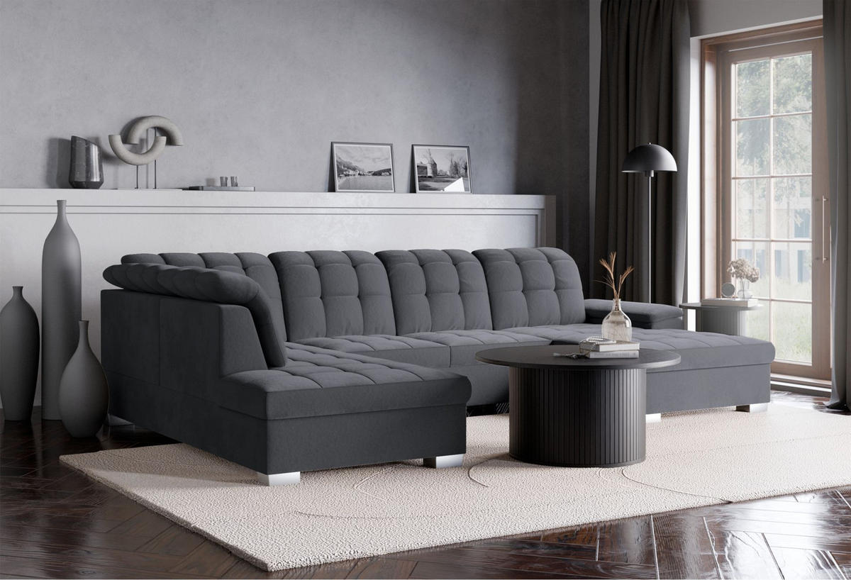 WOHNLANDSCHAFT Jamaal Dunkelgrau Velours rechtsseitig - Dunkelgrau/Schwarz, Textil (330/106/212cm) - Selsey