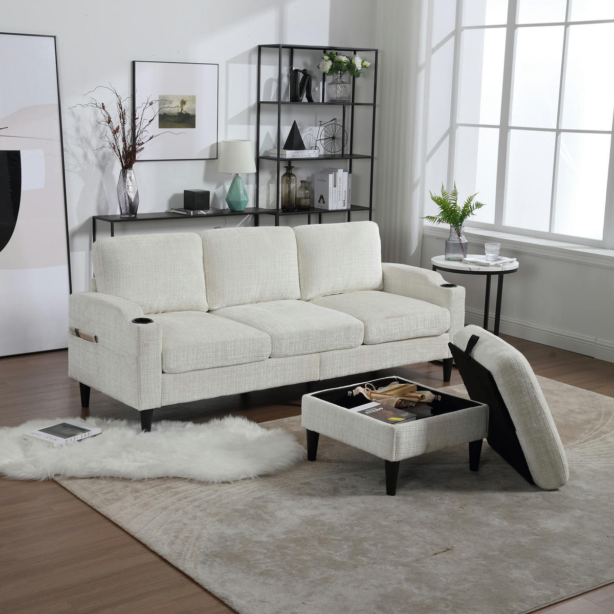 ECKSOFA 163/121/66 cm Beige mit 1 Aufbewahrungshocker, Aufbewahrungstasche und Getränkehalter - Beige, Textil (196.5/75cm) - Oxeza