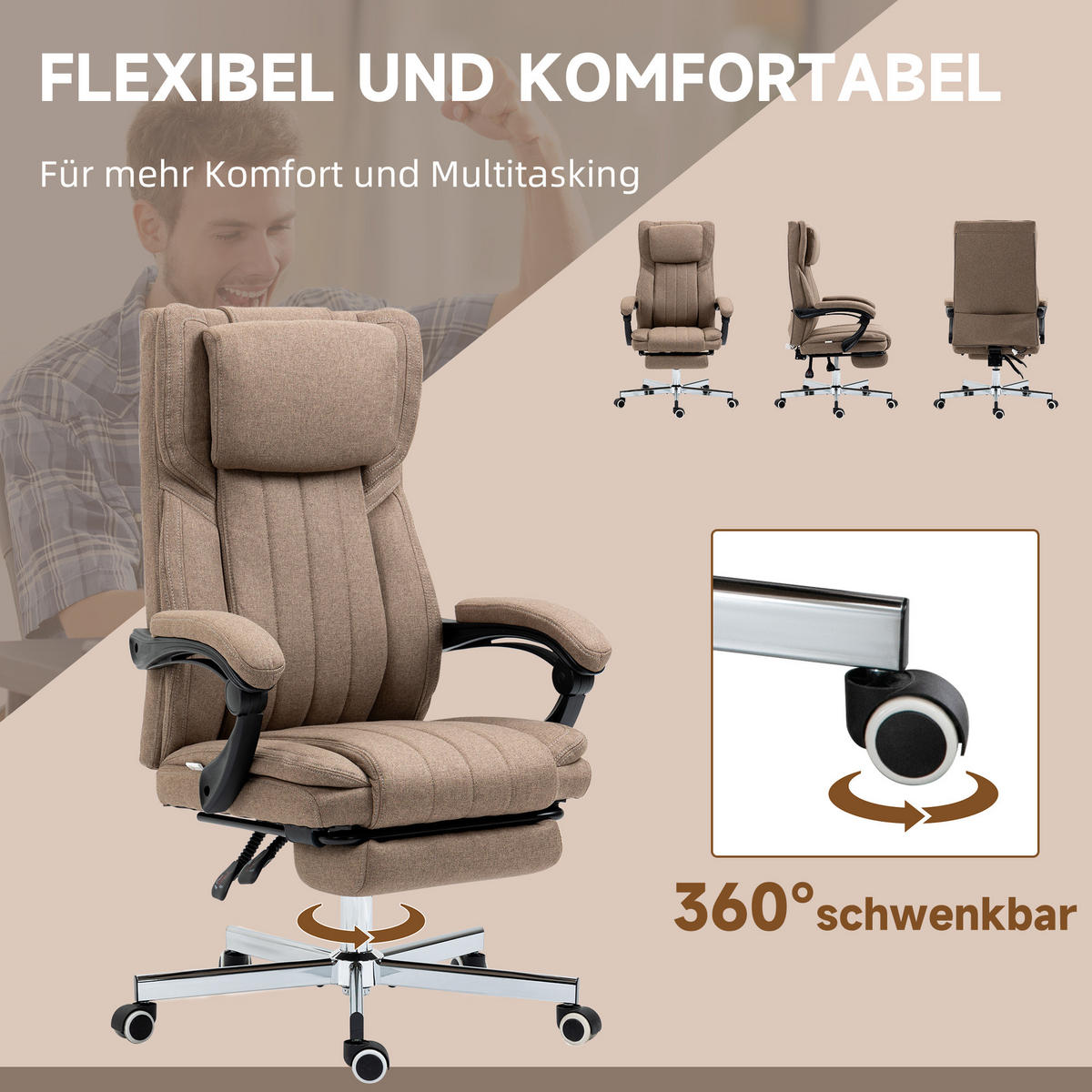 BÜROSTUHL mit verstellbarer 65L x 61B x 108-118H cm Braun - Braun, Kunststoff (61/113/65cm) - Vinsetto