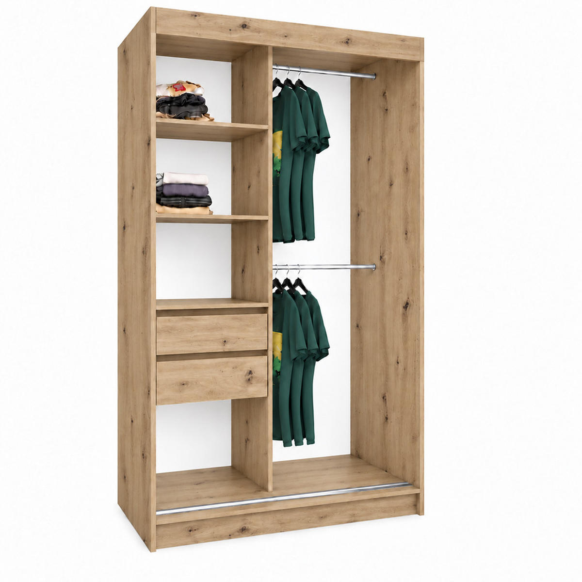 KLEIDERSCHRANK Nox 120 cm Artisan Spiegel 2 Schubladen Griffe silber - Eiche Artisan, Holzwerkstoff (120/216/61cm) - KS Home Concept