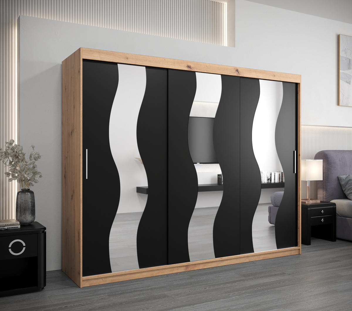 SCHWEBETÜRENSCHRANK 200/250/62 2-türig - Silberfarben/Schwarz, Holz/Kunststoff (250/200/62cm) - Abiks Möbel