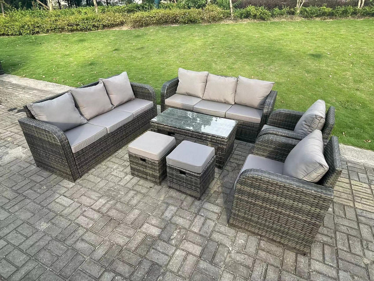 GARTENSET Polyrattan 10-Sitzer - Dunkelgrau/Grau, Glas/Kunststoff - Fimous