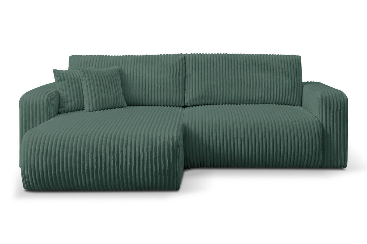 ECKSOFA Tilly, Eckcouch in L-Form mit Schlaffunktion und Bettkasten, Farbe: Grün, Cordstoff, Ottomane Universal - Grün, Textil (244/142cm) - VENASI MÖBEL