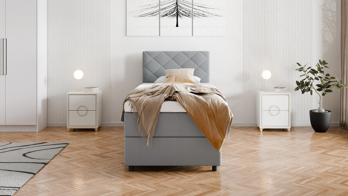 BOXBETT Diamaro 90x200 cm mit Bettkasten und Topper - Hellgrau - Hellgrau, Holz (90/200cm) - Panda Möbel