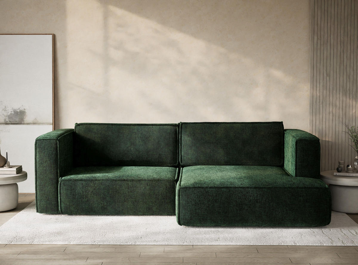 ECKSOFA MIT SCHLAFFUNKTION Velto Dunkelgrün Chenille-Stoff - Dunkelgrün/Schwarz, Holz/Holzwerkstoff (250/152cm) - Maison de Reve