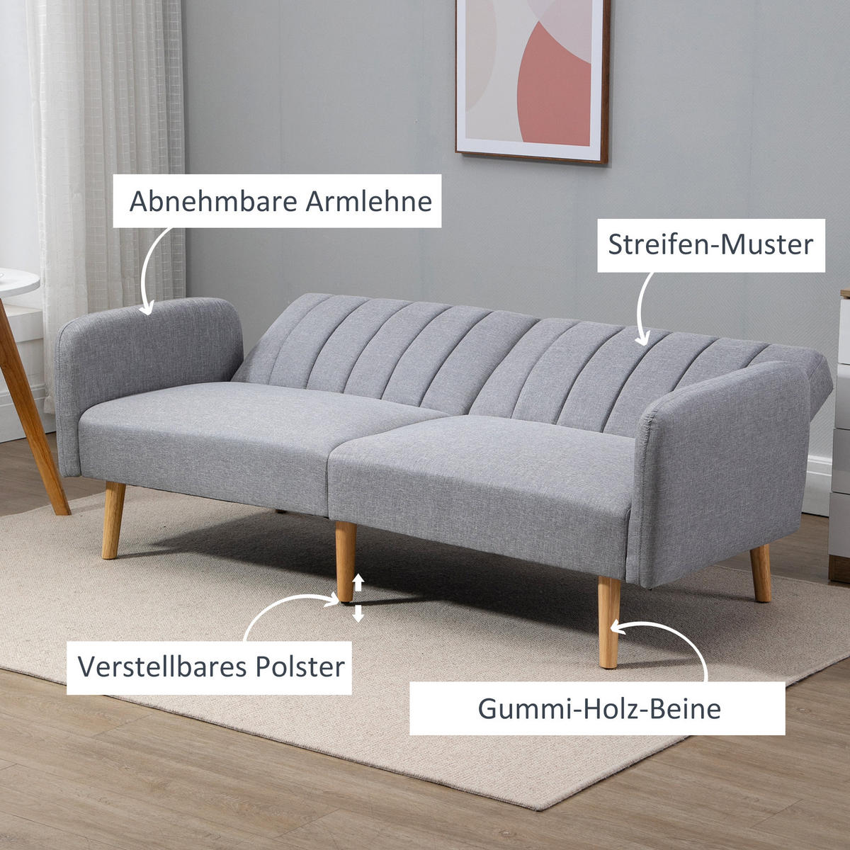 SCHLAFSOFA, 2-Sitzer Stoffsofa mit Schlaffunktion, 173 x 75 x 73 cm, Grau - Hellgrau/Naturfarben, Holz/Textil (75/73/173cm) - HOMCOM