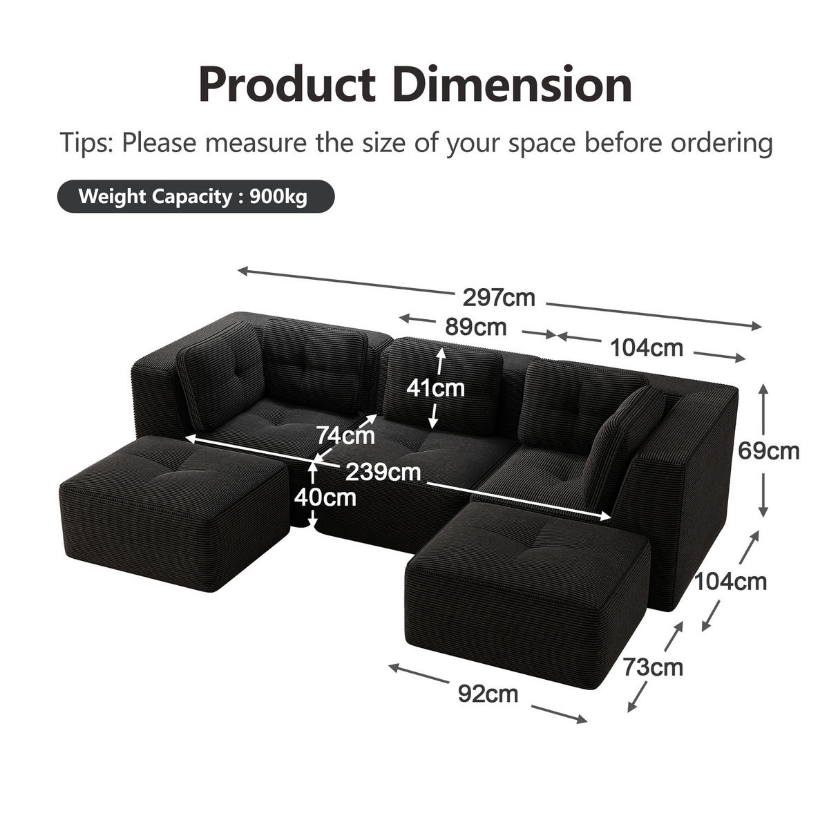 3-SITZER Sofa 297x177x69 cm aus Cordstoff rahmenlos modular mit 2 Ottomans, schwarz - Schwarz, Textil (177/69/297cm)