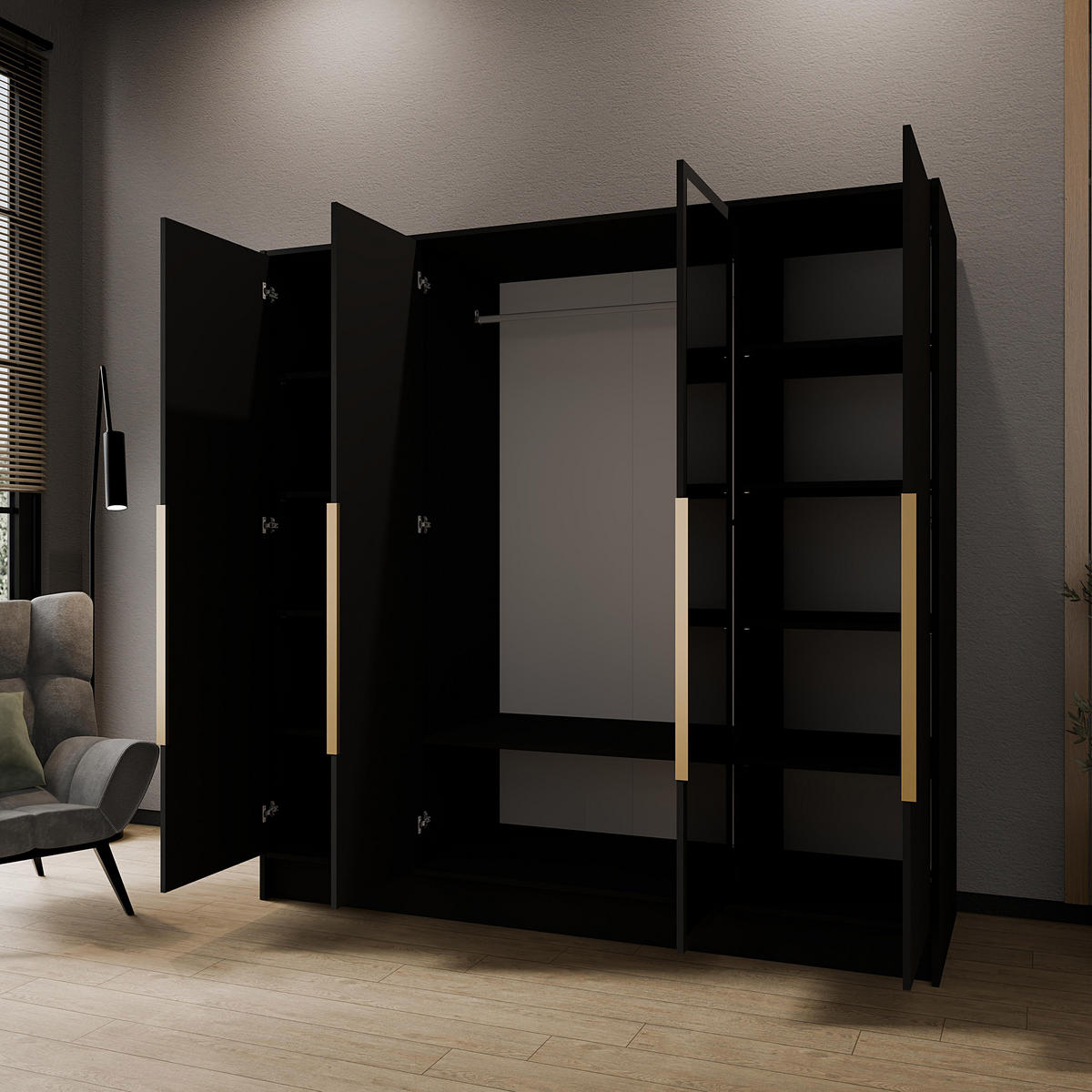 DREHTÜRENSCHRANK Laro mit Spiegel, Schwarz mit goldenen Griffen, 200 cm - Schwarz, Holzwerkstoff (200/200/51cm) - Beautysofa