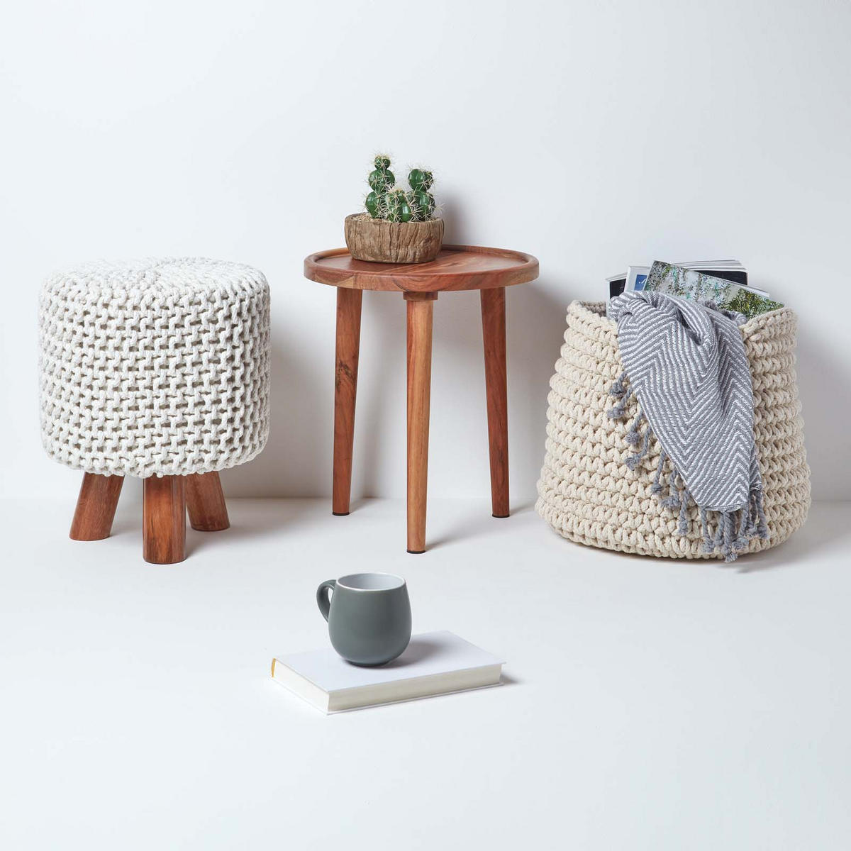 STRICK-HOCKER natur, Dreibein 32/32/42 cm - Naturfarben, Textil (32/42/32cm) - Homescapes