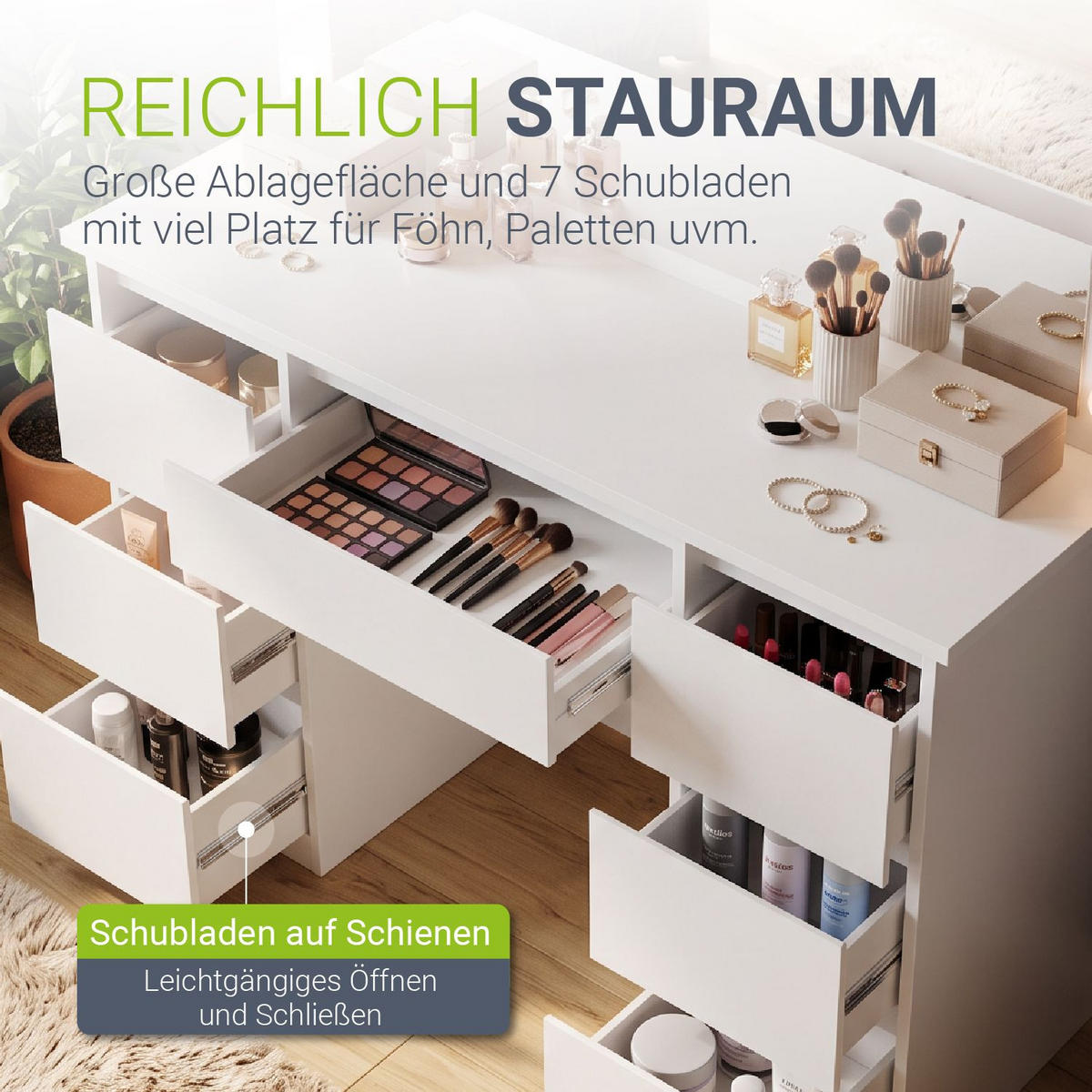 SCHMINKTISCH Lilia weiß mit LED-Beleuchtung und Hocker Tonia - Weiß, Holz (108/140/41cm) - Juskys