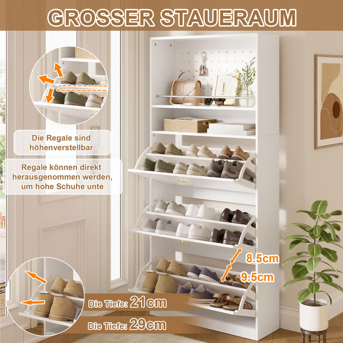 SCHUHSCHRANK 80x24x178.5cm Weiß mit 3 Klappen - Weiß, Holzwerkstoff (80/178.5/24cm) - FLIEKS