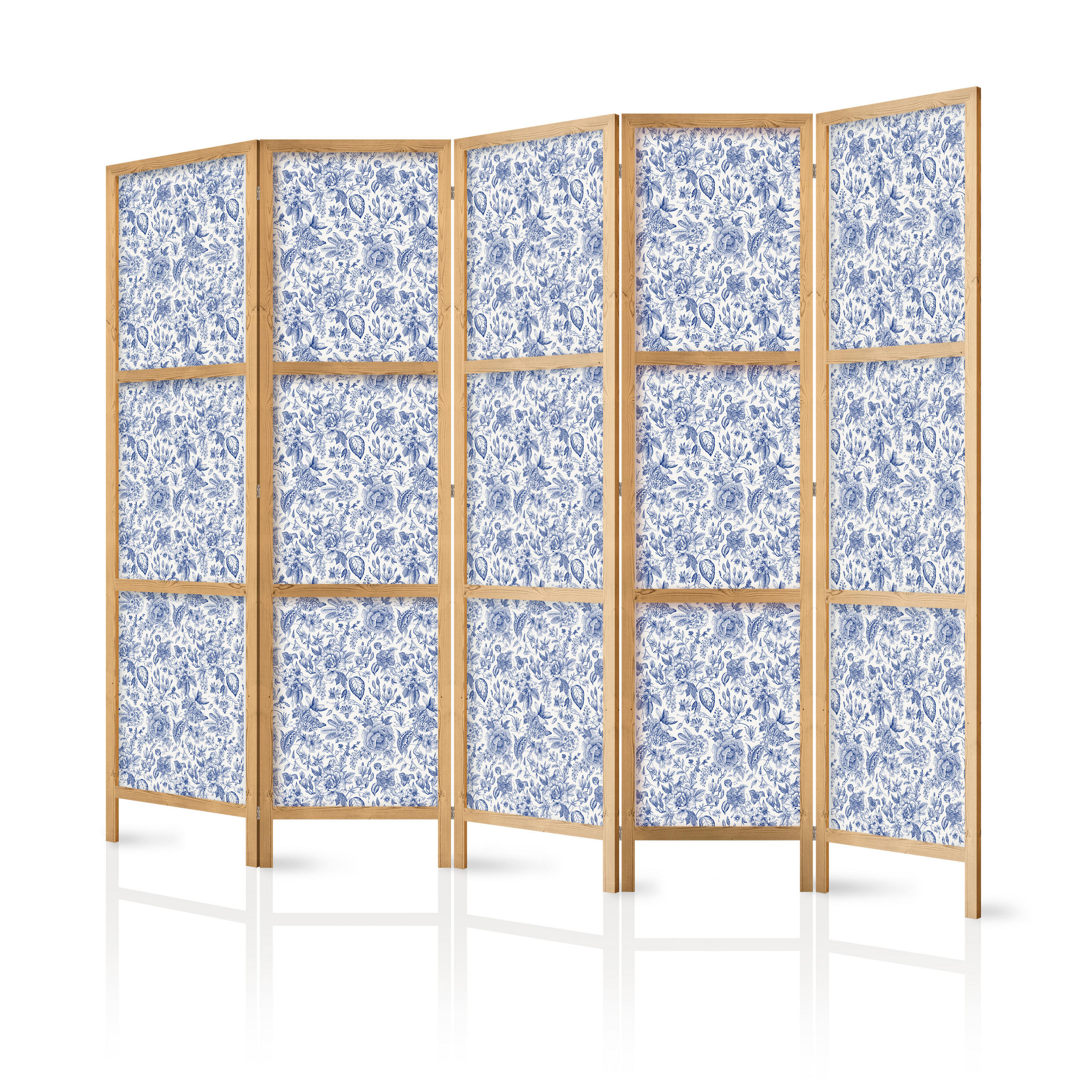 PARAVENT Japanischer 5-tlg 225x172 cm Blaue Blumen - Blau, Holz/Textil (225/172/3cm) - Muralo