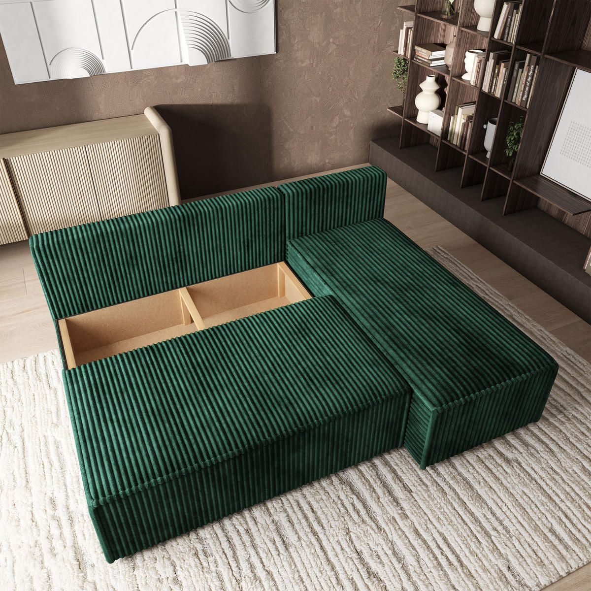 ROHOVÁ SEDAČKA BRISO tmavě zelená - šedá/tmavě zelená, dřevo/textil (200/140cm) - MASSENO