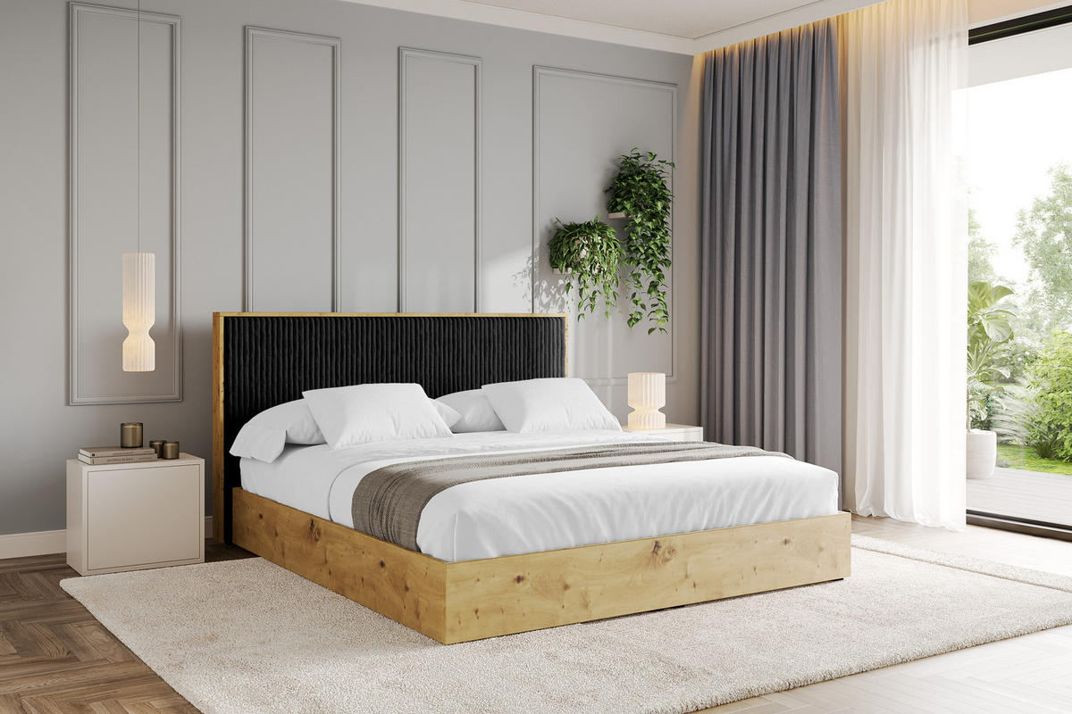 POLSTERBETT mit Bettkasten und Lattenrost, Boxbett mit Kopftei und Stauraum mit Matratze H3/H4 - ENZO10 160x200 Schwarz - Schwarz, Holzwerkstoff/Textil (160/200cm) - ALTDECOR