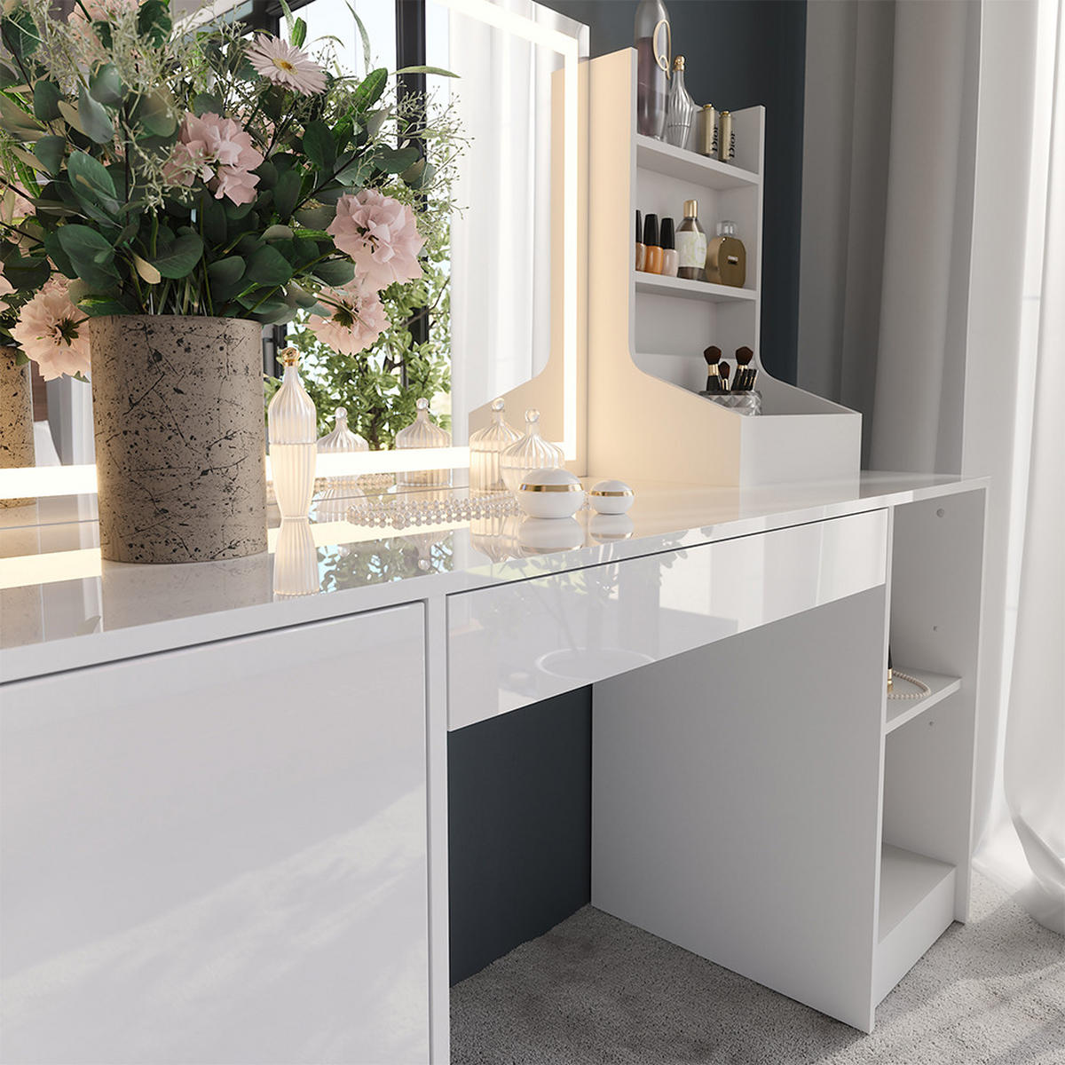 SCHMINKTISCH Sherry Weiß/Weiß Hochglanz 158.2 cm 3 Teile - Weiß Hochglanz, Holzwerkstoff (158.2/76/50.1cm) - Vicco