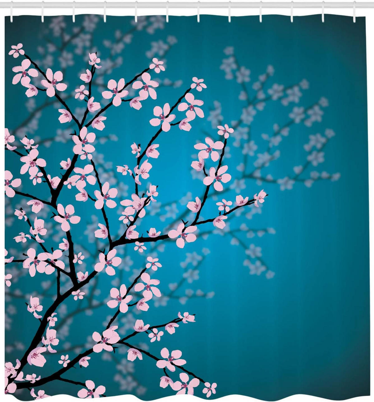DUSCHVORHANG japanisch Muster Sakura Stoff Set Dekor Badezimmer mit Haken Blau Rosa - Blau, Textil (180/180cm) - MCBOSON
