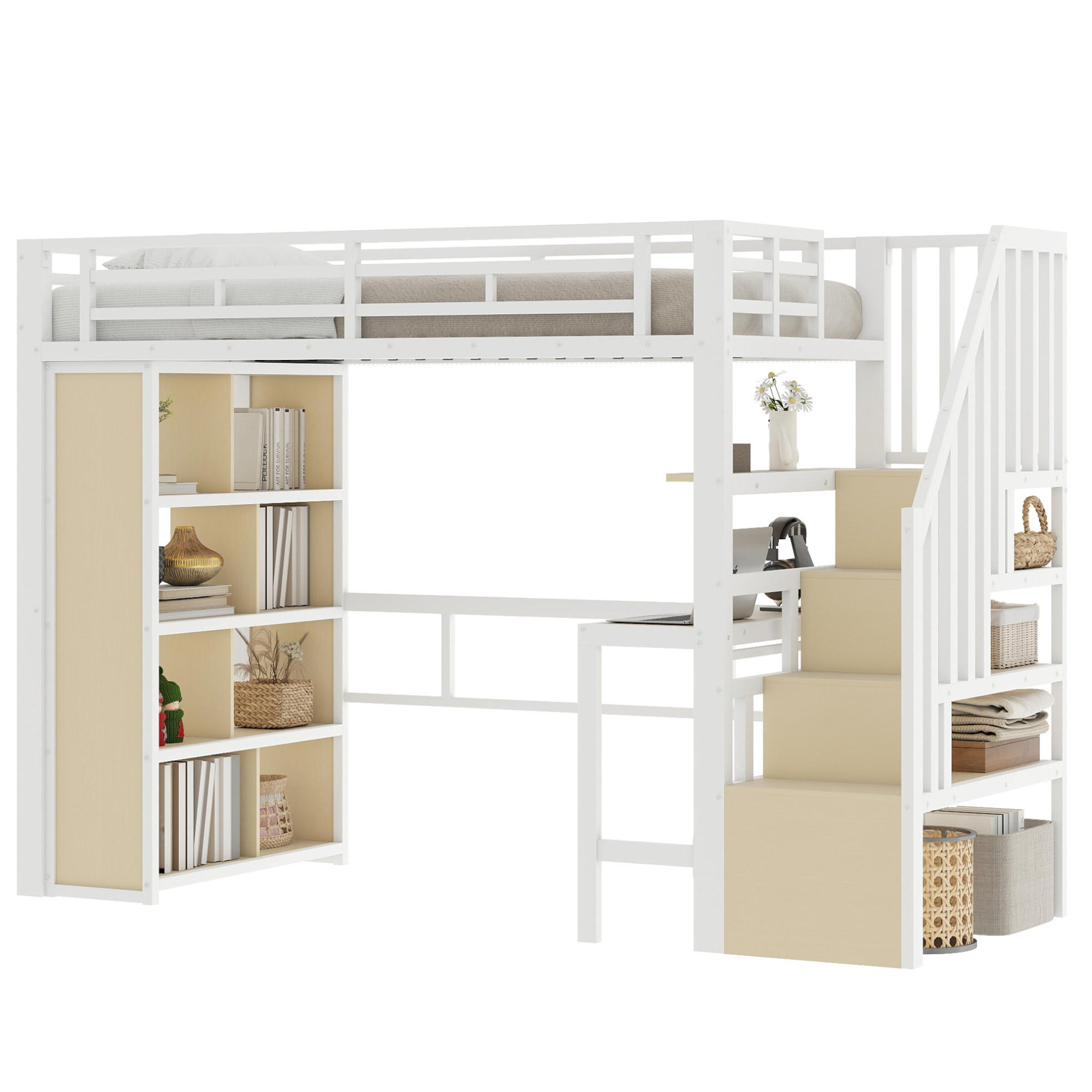 HOCHBETT 90/200 cm Weiß mit Schreibtisch, Stauraumtreppe und LED-Beleuchtung - Weiß, Metall (90/200cm) - Flora Grace