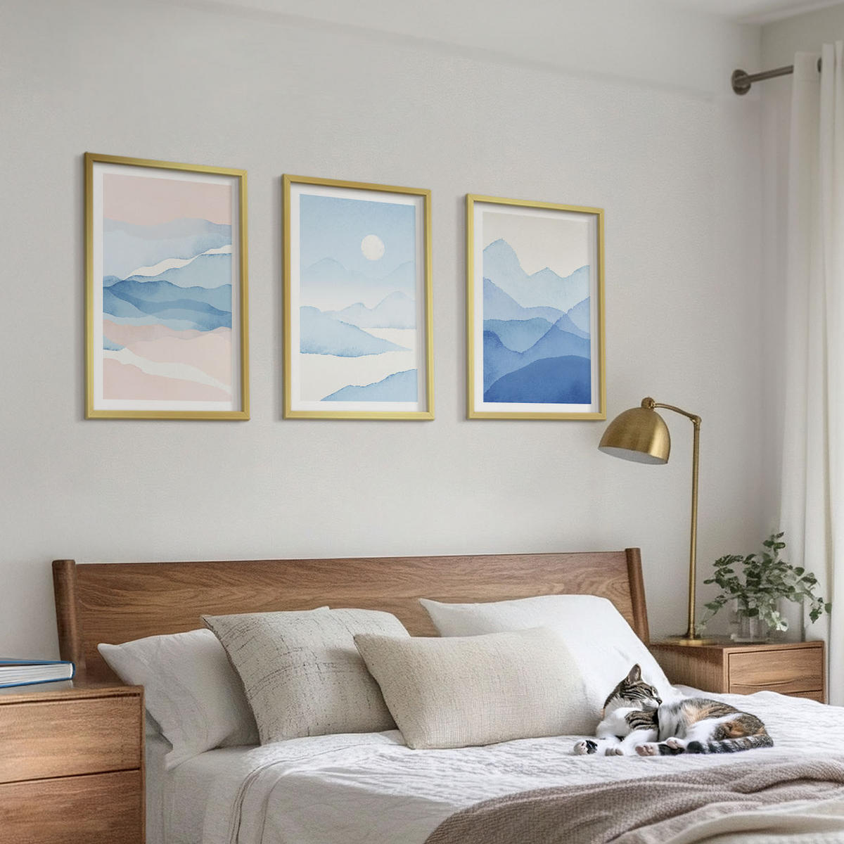 BILDER SET 3er Set - 40x60 cm Goldrahmen - Aquarell: Blau-rosa Berge - Goldfarben, Kunststoff (40/60cm) - TULUP