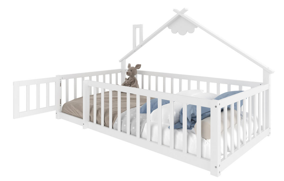 FLACHBETT 90/190 cm Kinderbett aus Kiefernholz mit Geländer und Schloss in Weiß - Weiß, Holz (90/190cm) - OKWISH