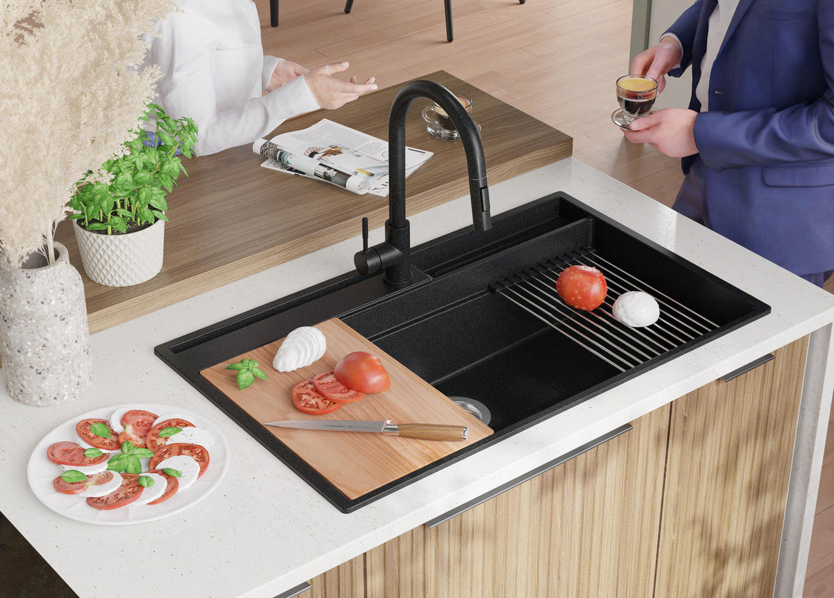 SPÜLBECKEN Oslo Pocket, 2-er set Anthrazit 88/53 cm 1 Becken + Ablauf-Set + Küchenzubehörset ab 90er Unterschrank - Chromfarben/Anthrazit, Kunststoff (88/20/53cm) - Primagran