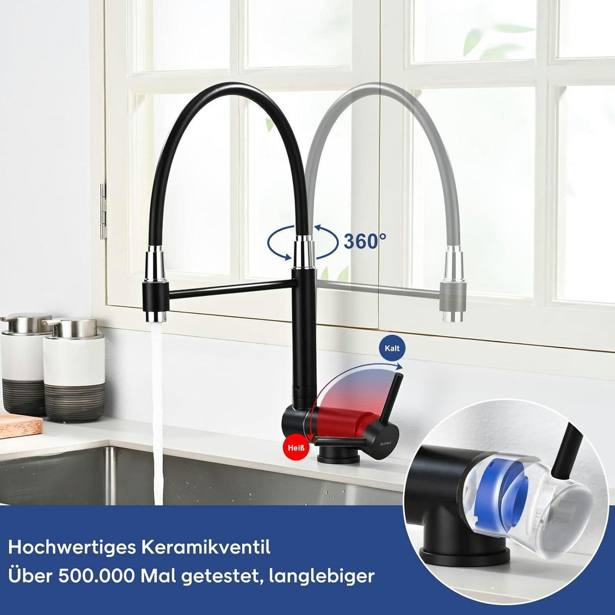 KÜCHENARMATUR ausziehbar faltbar 360° schwenkbar gebürsteter Edelstahl Mattschwarz - Schwarz, Metall (2.8/42.8/55cm)