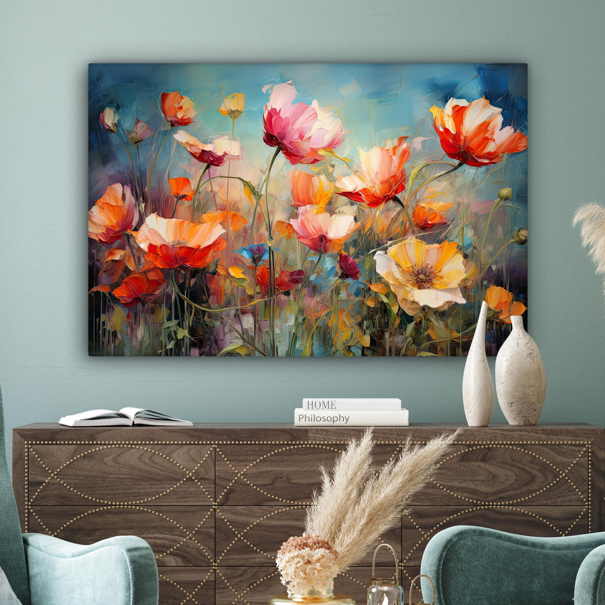 LEINWANDBILD Blumen - Aquarell - Kunst - Botanisch - Natur 140x90 cm - Orange, Textil (140/90cm) - MuchoWow