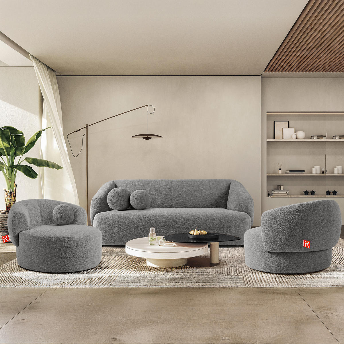 EINZELSOFA VIRA, Grau, Bouclé - Schwarz/Grau, Holz/Holzwerkstoff (210/84/100cm) - KONSIMO®