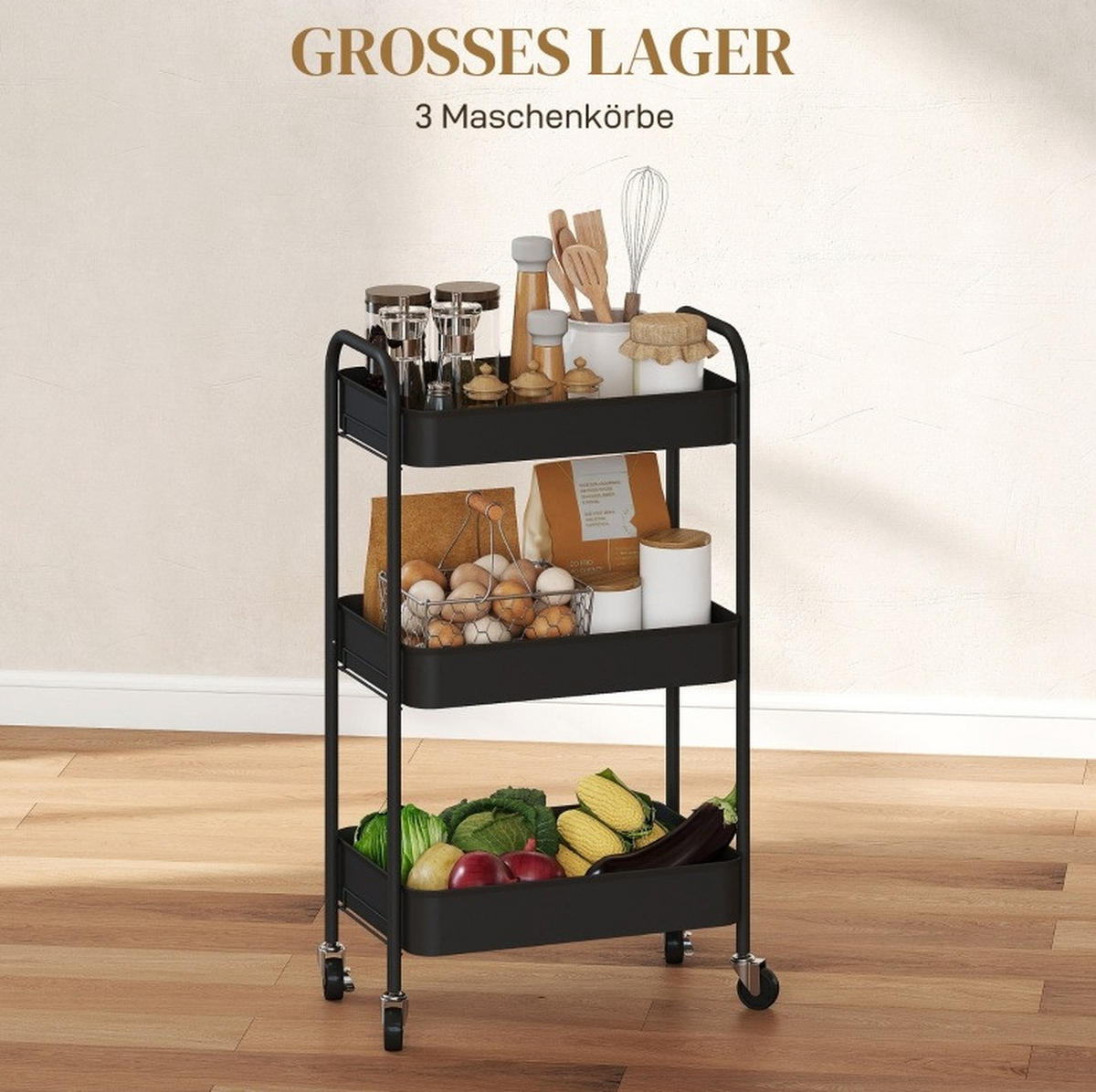 ROLLWAGEN mit 3 Gitterkörben 45 x 30,6 x 79 cm Stahl Schwarz - Schwarz, Metall (30.6/79/45cm) - Beauniv